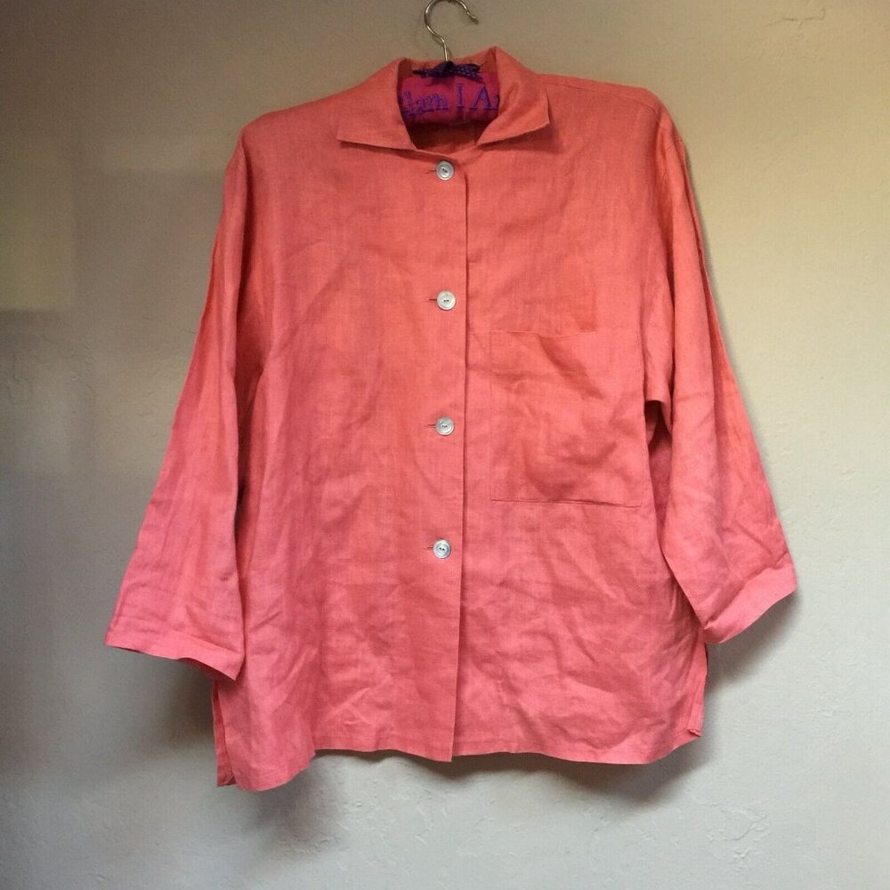 Alta Women's 100% Linen Shirt Size 2 Button Front 3/4 Sleeve Salmon Pink Pocket